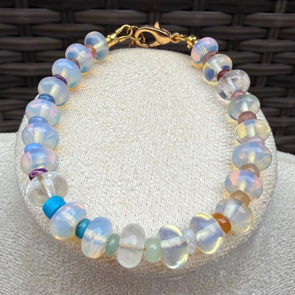 7-9" Adjustable Multicolor Ombre Rainbow Gemstone Bracelet, Opalite, Tourmaline
